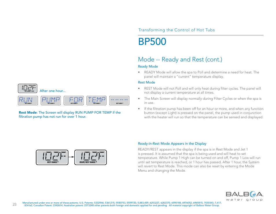 Bp500, Sub-menu detail – mode – ready-in-rest, Mode -- ready and rest (cont.) | Transforming the control of hot tubs, Sub-menu detail – mode – ready and rest | Balboa Water Group BP500 System User Manual | Page 23 / 74