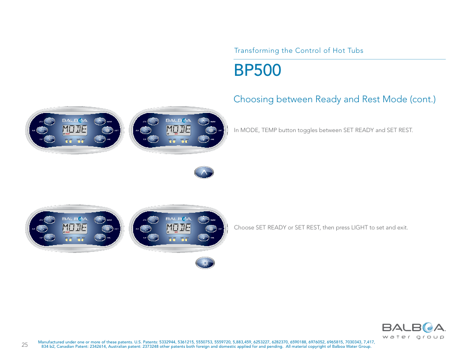 Bp500, Choosing between ready and rest mode (cont.), Transforming the control of hot tubs | Balboa Water Group BP500 System User Manual | Page 25 / 74