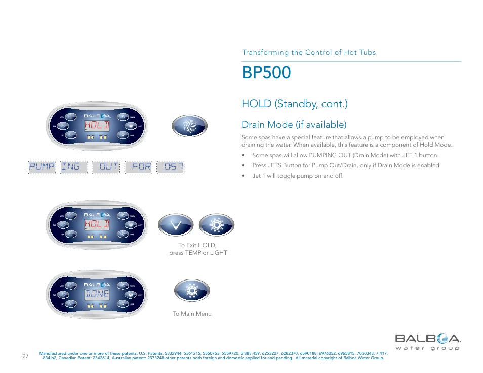 Bp500, Hold (standby, cont.), Drain mode (if available) | Transforming the control of hot tubs | Balboa Water Group BP500 System User Manual | Page 27 / 74
