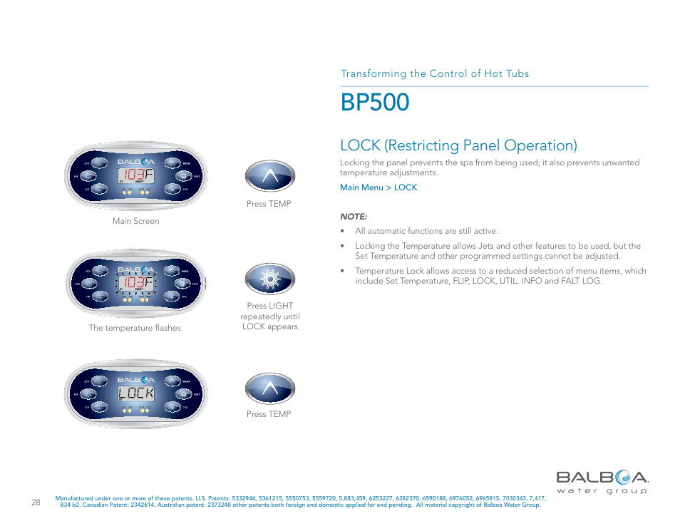 Bp500, Lock (restricting panel operation), Transforming the control of hot tubs | Press light repeatedly until lock appears, Main screen press temp press temp, The temperature flashes | Balboa Water Group BP500 System User Manual | Page 28 / 74
