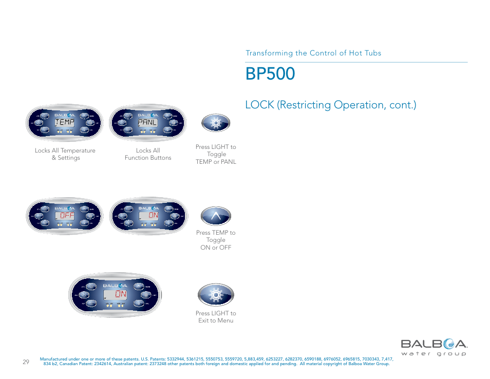 Bp500, Lock (restricting operation, cont.), Transforming the control of hot tubs | Balboa Water Group BP500 System User Manual | Page 29 / 74