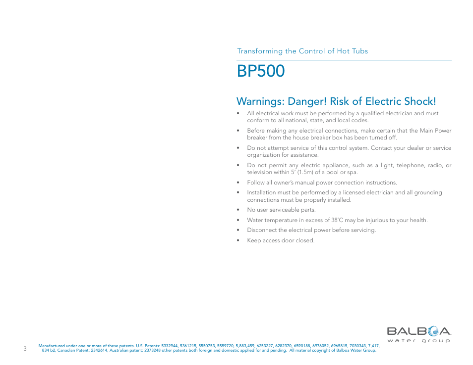 Bp500, Warnings: danger! risk of electric shock | Balboa Water Group BP500 System User Manual | Page 3 / 74
