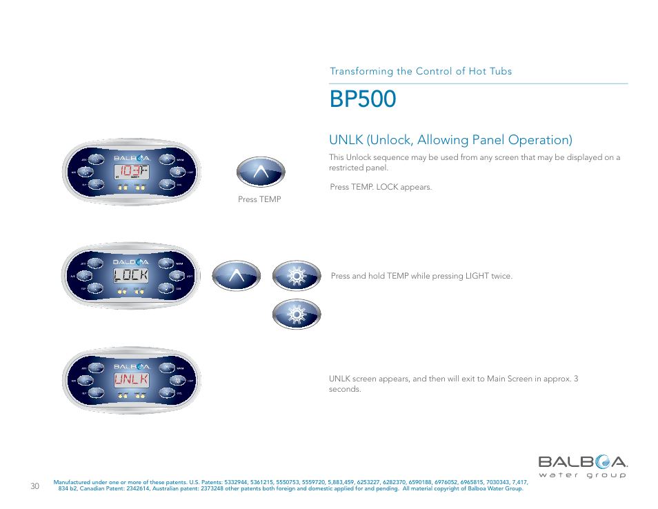 Bp500, Unlk (unlock, allowing panel operation), Transforming the control of hot tubs | Press temp | Balboa Water Group BP500 System User Manual | Page 30 / 74