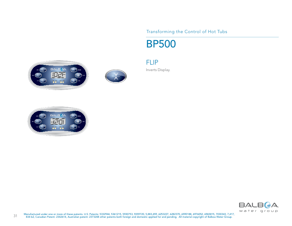 Bp500, Flip, Transforming the control of hot tubs | Inverts display | Balboa Water Group BP500 System User Manual | Page 31 / 74