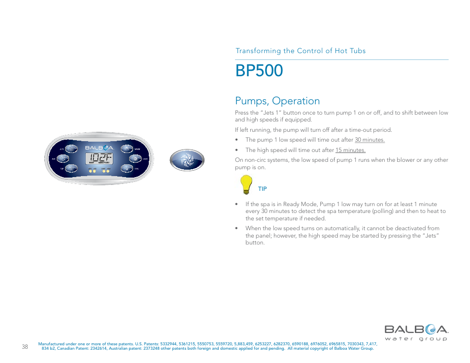 Bp500, Pumps, operation, Transforming the control of hot tubs | Balboa Water Group BP500 System User Manual | Page 38 / 74