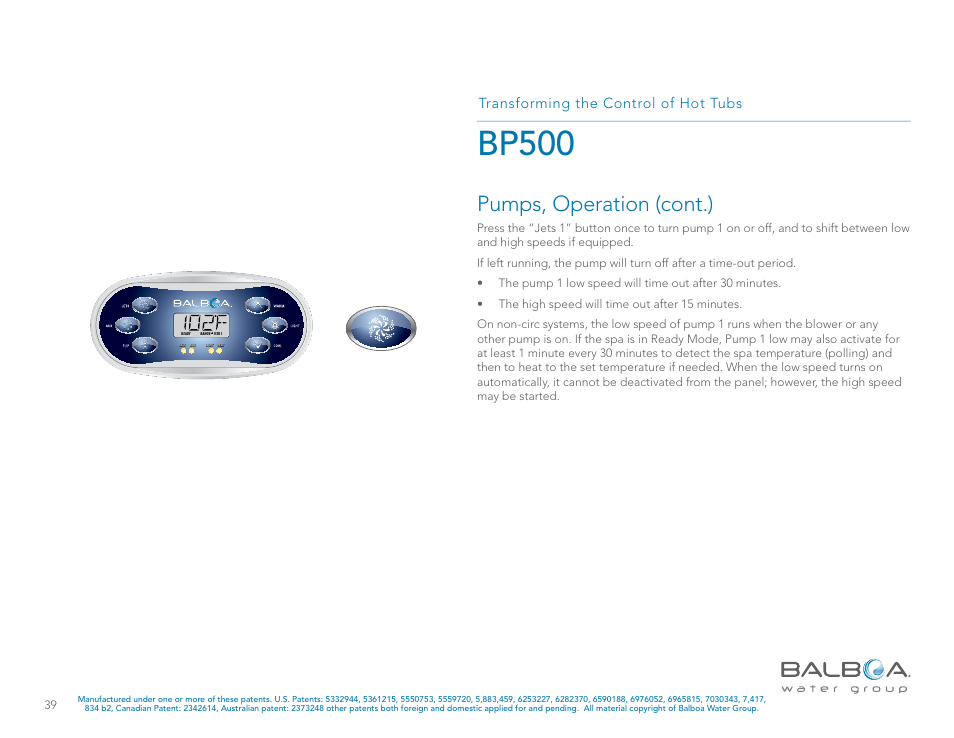 Bp500, Pumps, operation (cont.), Transforming the control of hot tubs | Balboa Water Group BP500 System User Manual | Page 39 / 74