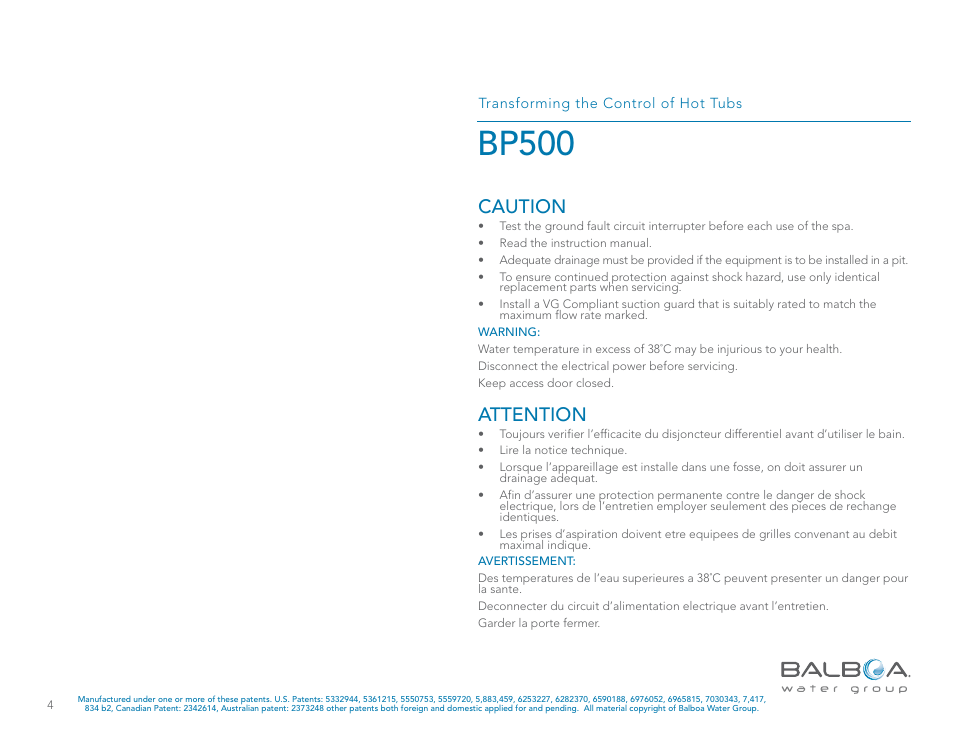 Bp500, Caution, Attention | Balboa Water Group BP500 System User Manual | Page 4 / 74