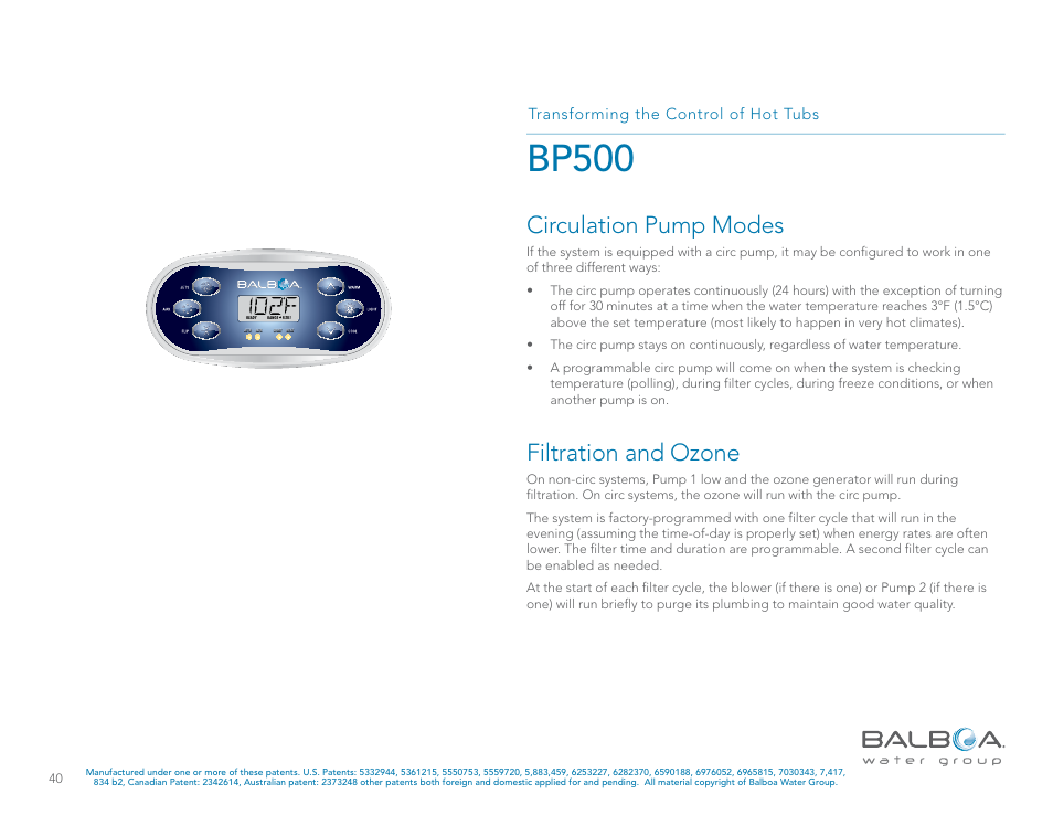 Bp500, Filtration and ozone, Circulation pump modes | Transforming the control of hot tubs | Balboa Water Group BP500 System User Manual | Page 40 / 74