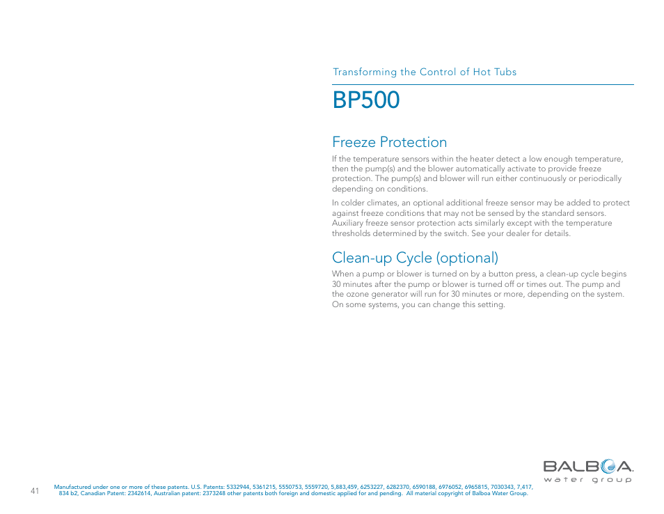Bp500, Freeze protection, Clean-up cycle (optional) | Balboa Water Group BP500 System User Manual | Page 41 / 74