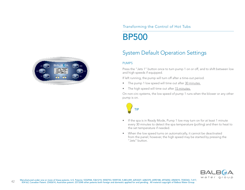 Bp500, System default operation settings, Transforming the control of hot tubs | Balboa Water Group BP500 System User Manual | Page 42 / 74