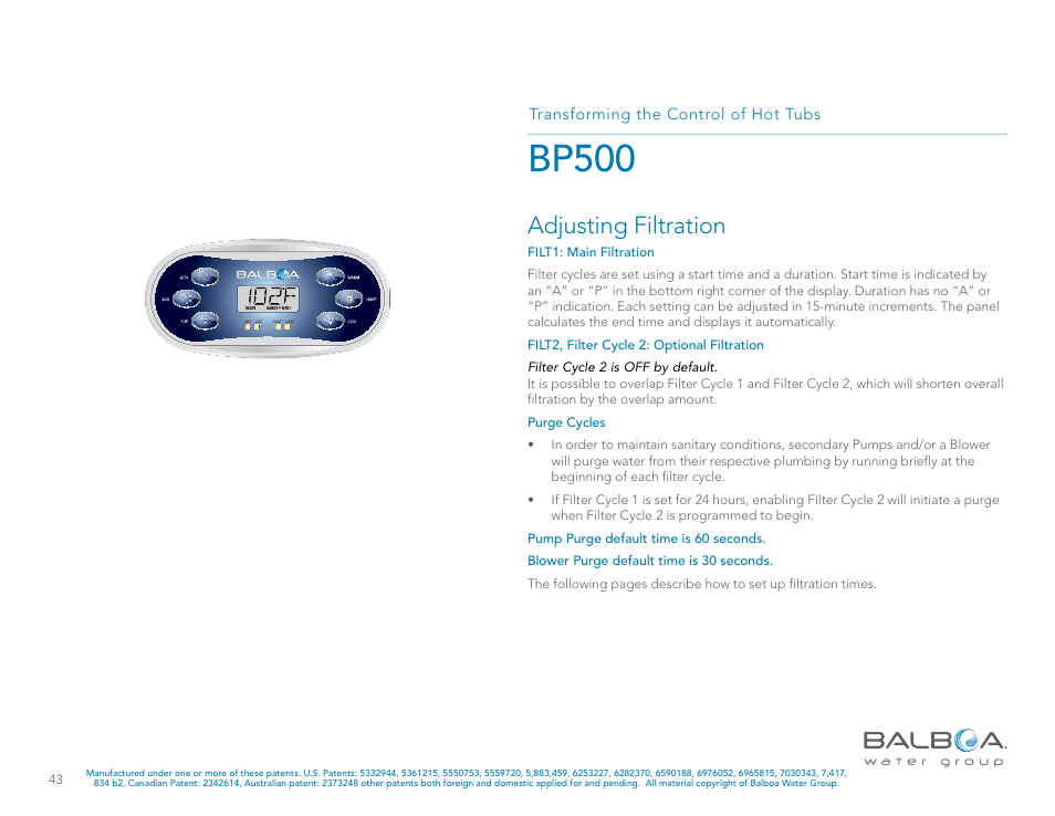 Bp500, Adjusting filtration, Transforming the control of hot tubs | Balboa Water Group BP500 System User Manual | Page 43 / 74