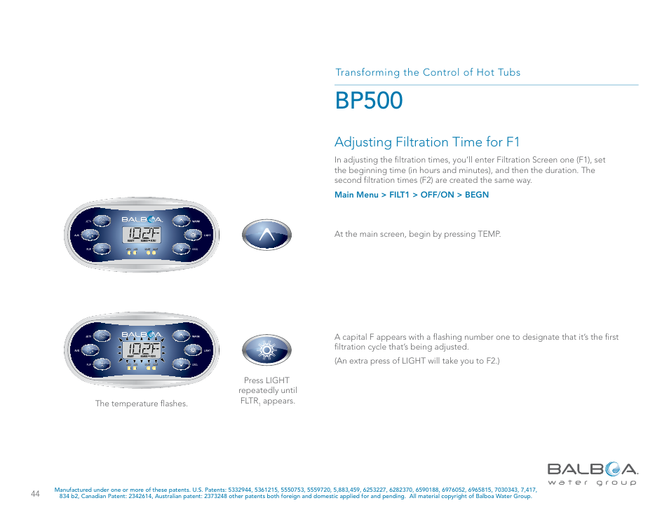 Bp500, Adjusting filtration time for f1, Transforming the control of hot tubs | Appears | Balboa Water Group BP500 System User Manual | Page 44 / 74