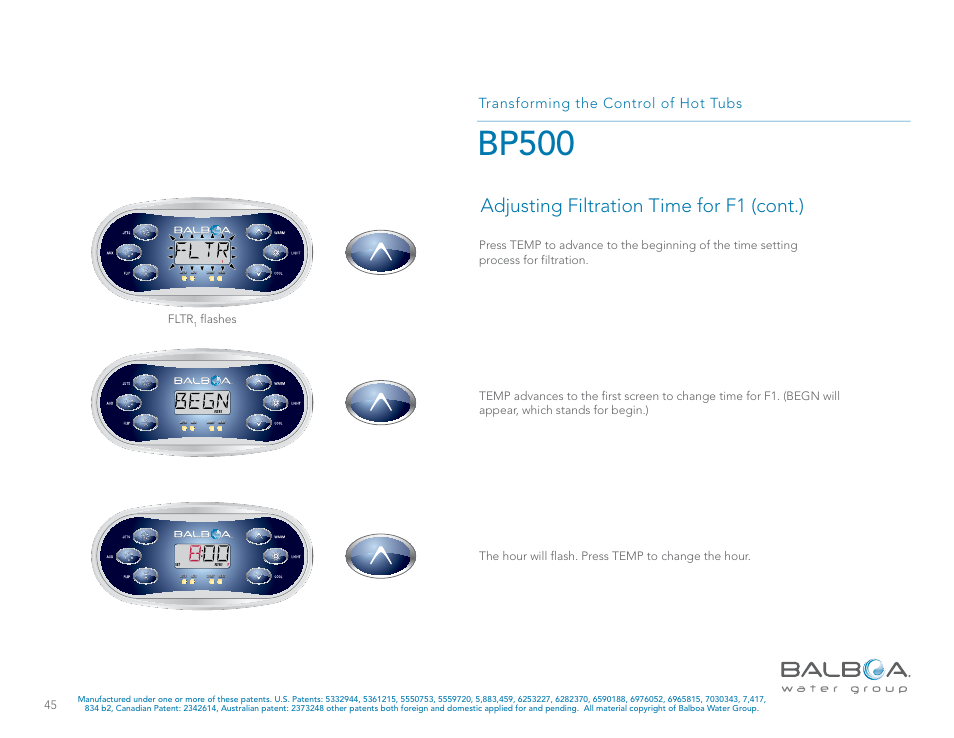 Bp500, Adjusting filtration time for f1 (cont.), Transforming the control of hot tubs | Fltr, Flashes | Balboa Water Group BP500 System User Manual | Page 45 / 74