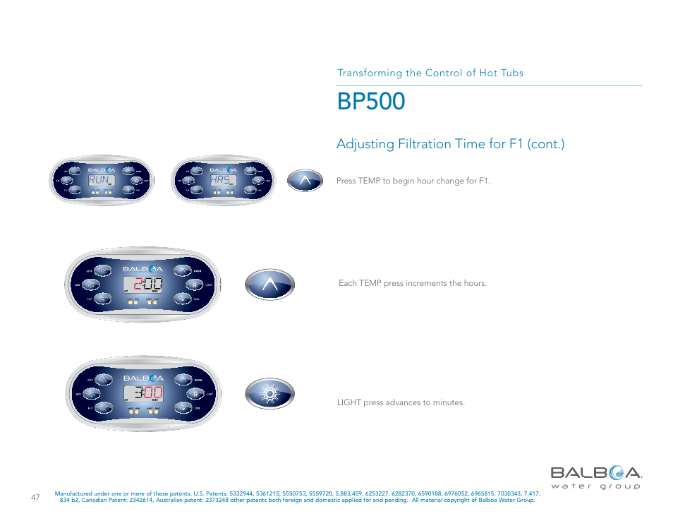 Bp500, Adjusting filtration time for f1 (cont.), Transforming the control of hot tubs | Balboa Water Group BP500 System User Manual | Page 47 / 74