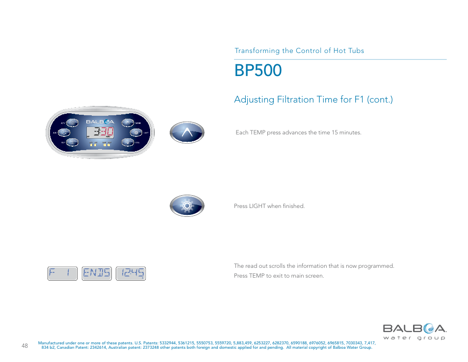 Bp500, Adjusting filtration time for f1 (cont.), Transforming the control of hot tubs | Balboa Water Group BP500 System User Manual | Page 48 / 74