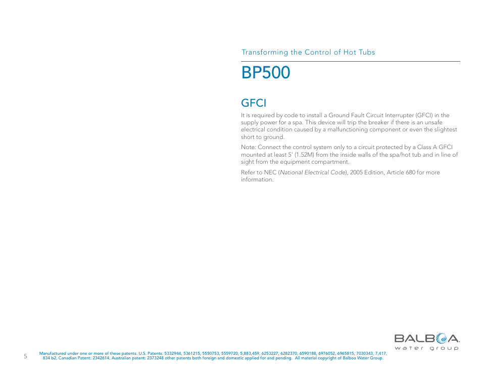 Bp500, Gfci | Balboa Water Group BP500 System User Manual | Page 5 / 74