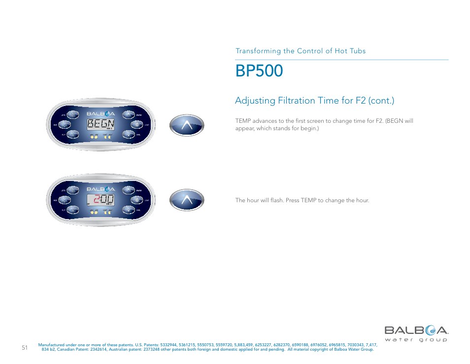 Bp500, Adjusting filtration time for f2 (cont.), Transforming the control of hot tubs | Balboa Water Group BP500 System User Manual | Page 51 / 74