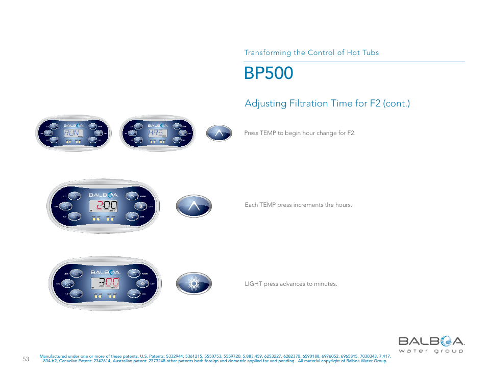 Bp500, Adjusting filtration time for f2 (cont.), Transforming the control of hot tubs | Balboa Water Group BP500 System User Manual | Page 53 / 74