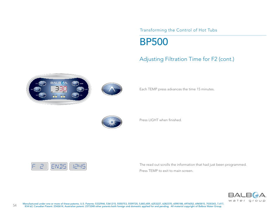 Bp500, Adjusting filtration time for f2 (cont.), Transforming the control of hot tubs | Balboa Water Group BP500 System User Manual | Page 54 / 74