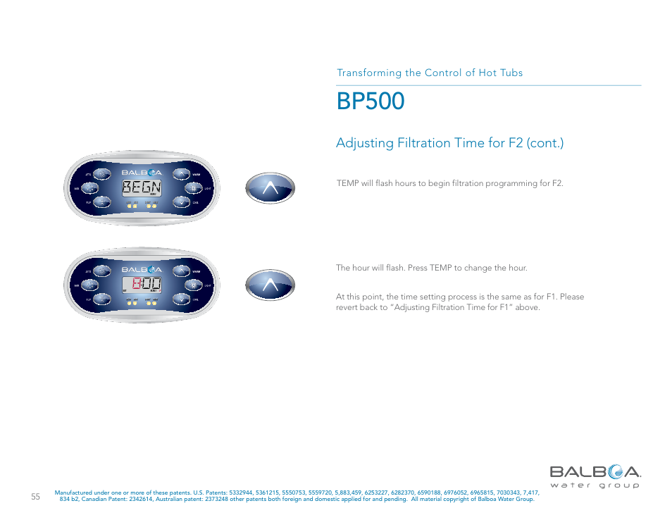 Bp500, Adjusting filtration time for f2 (cont.), Transforming the control of hot tubs | Balboa Water Group BP500 System User Manual | Page 55 / 74