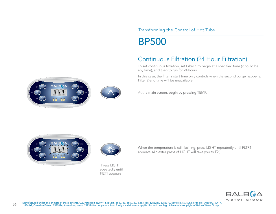 Bp500, Continuous filtration (24 hour filtration), Transforming the control of hot tubs | Balboa Water Group BP500 System User Manual | Page 56 / 74