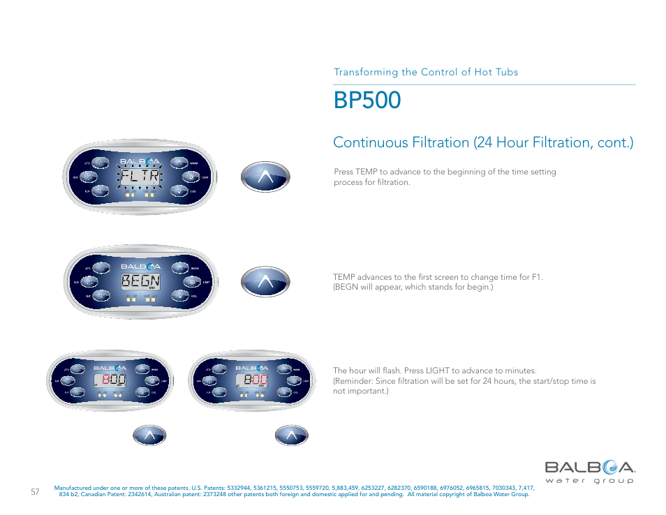 Bp500, Continuous filtration (24 hour filtration, cont.), Transforming the control of hot tubs | Balboa Water Group BP500 System User Manual | Page 57 / 74