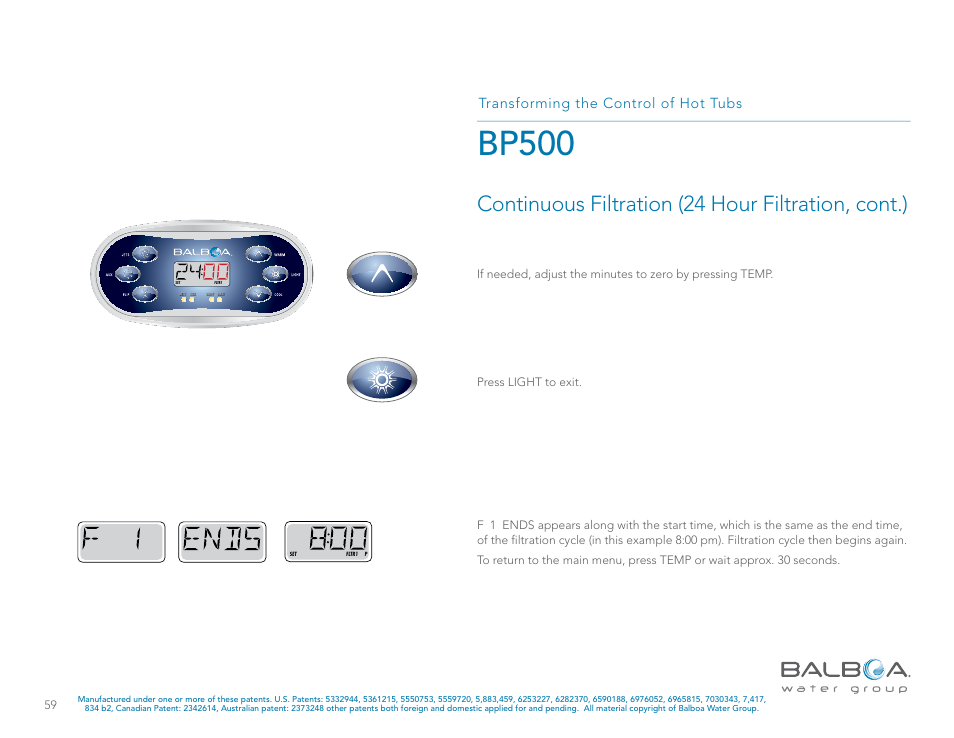 Bp500, Continuous filtration (24 hour filtration, cont.), Transforming the control of hot tubs | Balboa Water Group BP500 System User Manual | Page 59 / 74