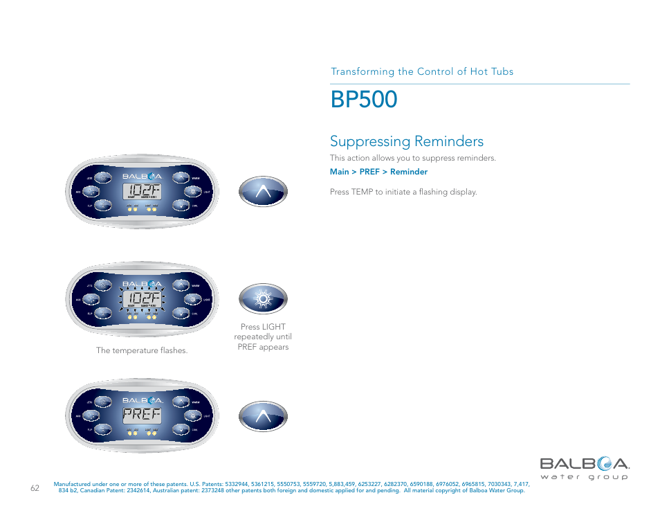Bp500, Suppressing reminders, Transforming the control of hot tubs | Balboa Water Group BP500 System User Manual | Page 62 / 74