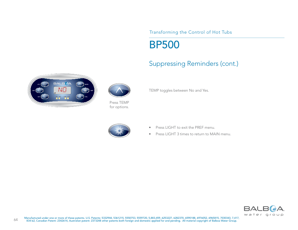 Bp500, Suppressing reminders (cont.), Transforming the control of hot tubs | Balboa Water Group BP500 System User Manual | Page 64 / 74
