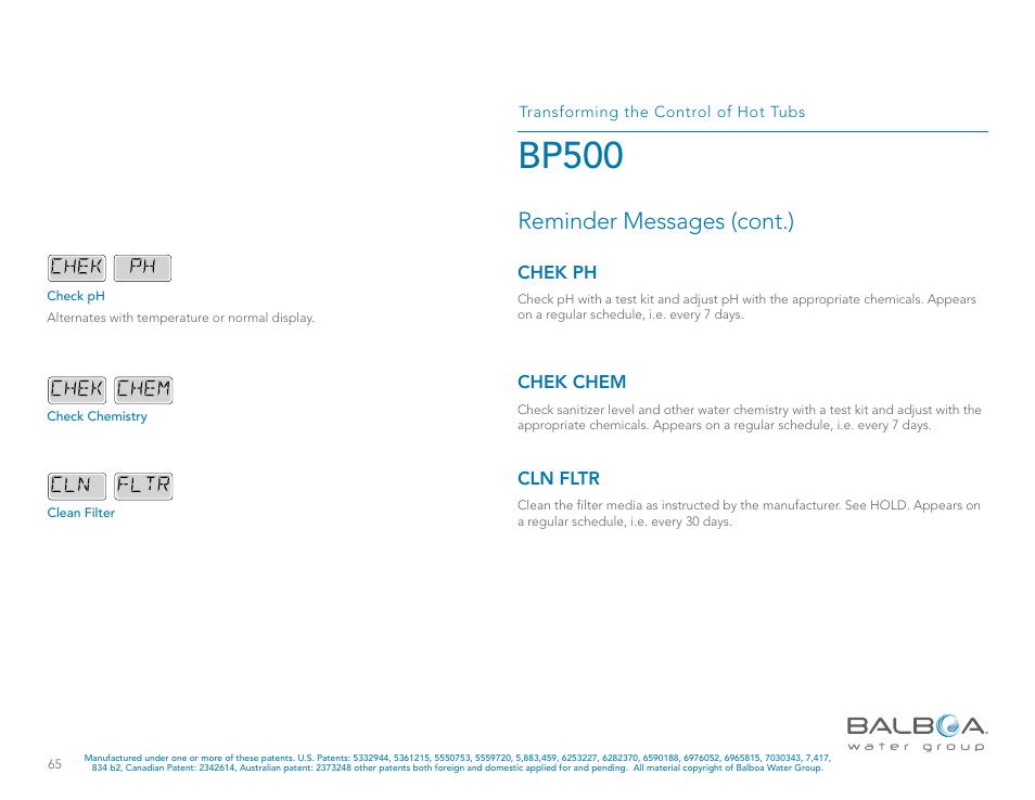 Bp500, Reminder messages (cont.) | Balboa Water Group BP500 System User Manual | Page 65 / 74