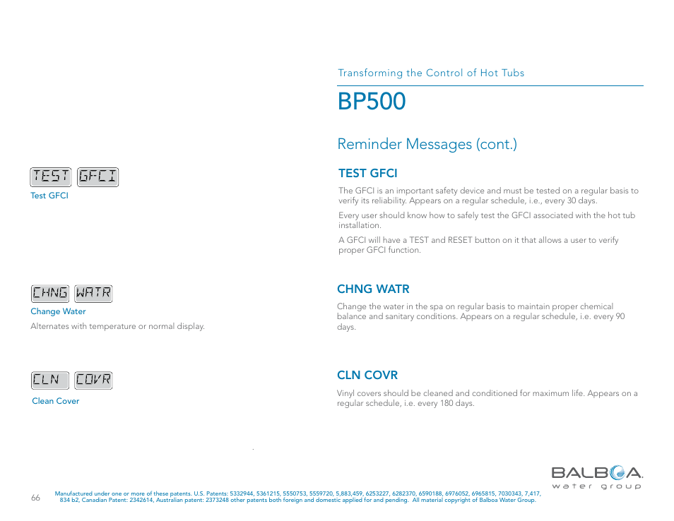 Bp500, Reminder messages (cont.) | Balboa Water Group BP500 System User Manual | Page 66 / 74
