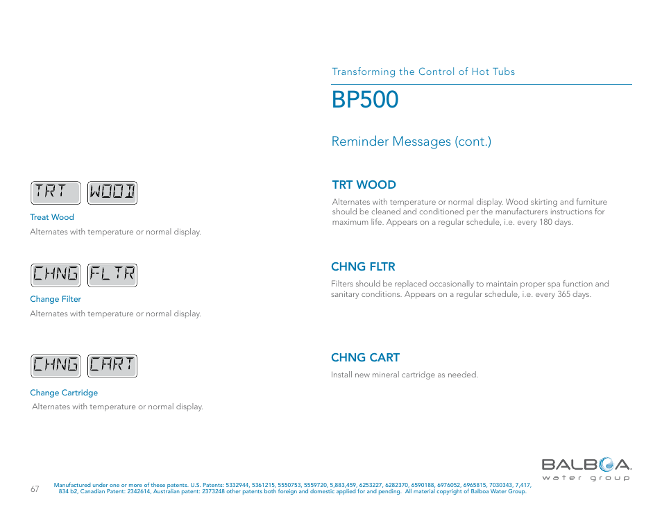 Bp500, Reminder messages (cont.) | Balboa Water Group BP500 System User Manual | Page 67 / 74