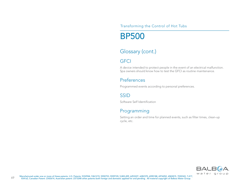 Bp500, Glossary (cont.) | Balboa Water Group BP500 System User Manual | Page 69 / 74