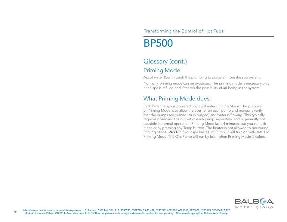 Bp500, Glossary (cont.), Priming mode | What priming mode does | Balboa Water Group BP500 System User Manual | Page 70 / 74