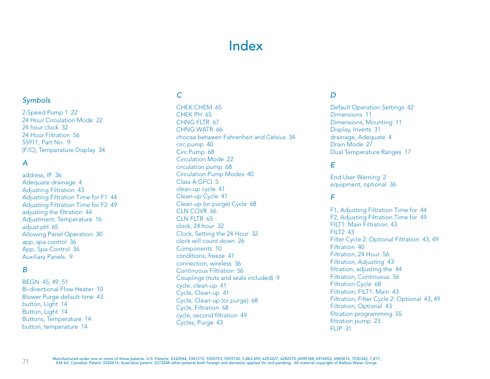 Index | Balboa Water Group BP500 System User Manual | Page 71 / 74