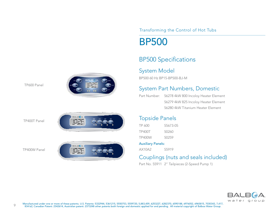 Bp500, Bp500 specifications, System model | System part numbers, domestic, Topside panels, Couplings (nuts and seals included) | Balboa Water Group BP500 System User Manual | Page 9 / 74