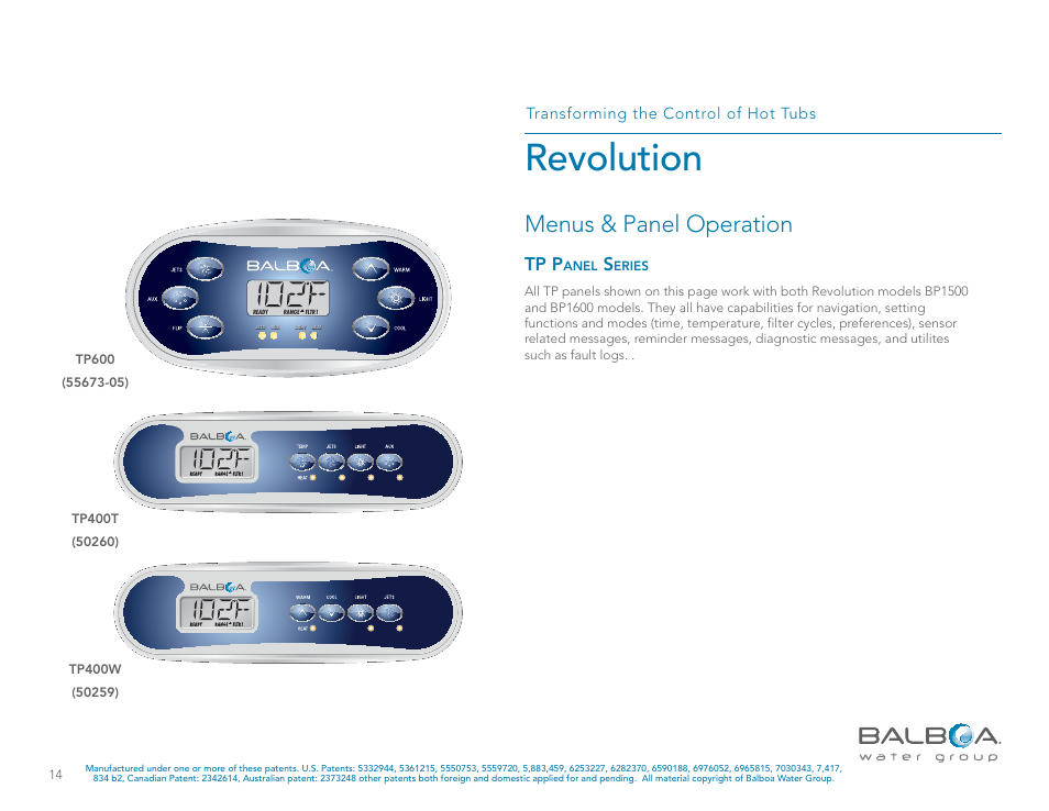 Revolution, Menus & panel operation, Tp p | Transforming the control of hot tubs | Balboa Water Group Revolution User Manual | Page 14 / 74