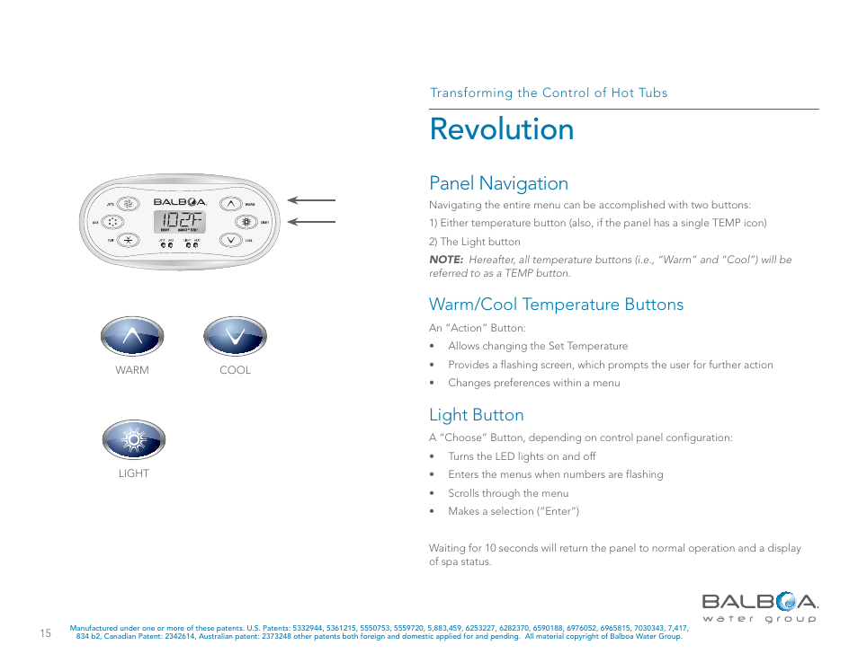 Revolution, Panel navigation, Warm/cool temperature buttons | Light button | Balboa Water Group Revolution User Manual | Page 15 / 74