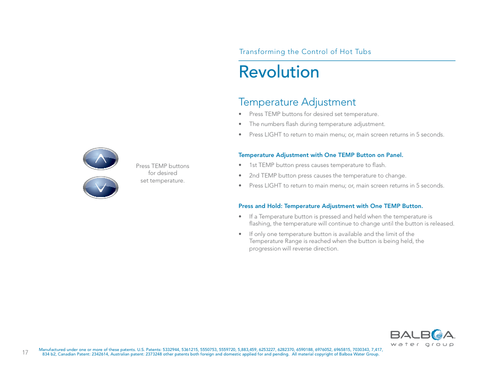 Revolution, Temperature adjustment | Balboa Water Group Revolution User Manual | Page 17 / 74