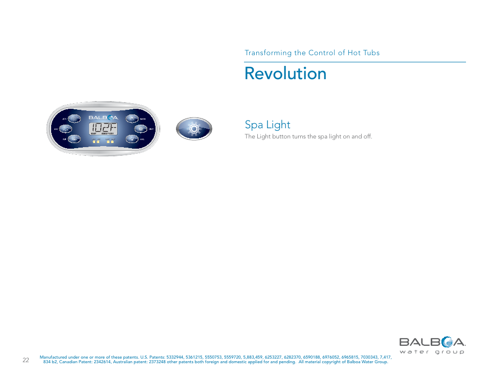 Revolution, Spa light, Transforming the control of hot tubs | The light button turns the spa light on and off | Balboa Water Group Revolution User Manual | Page 22 / 74