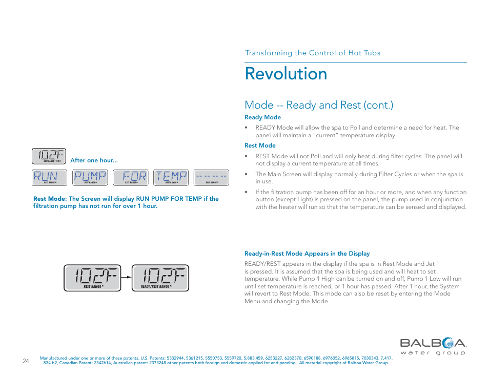 Revolution, Mode -- ready and rest (cont.) | Balboa Water Group Revolution User Manual | Page 24 / 74