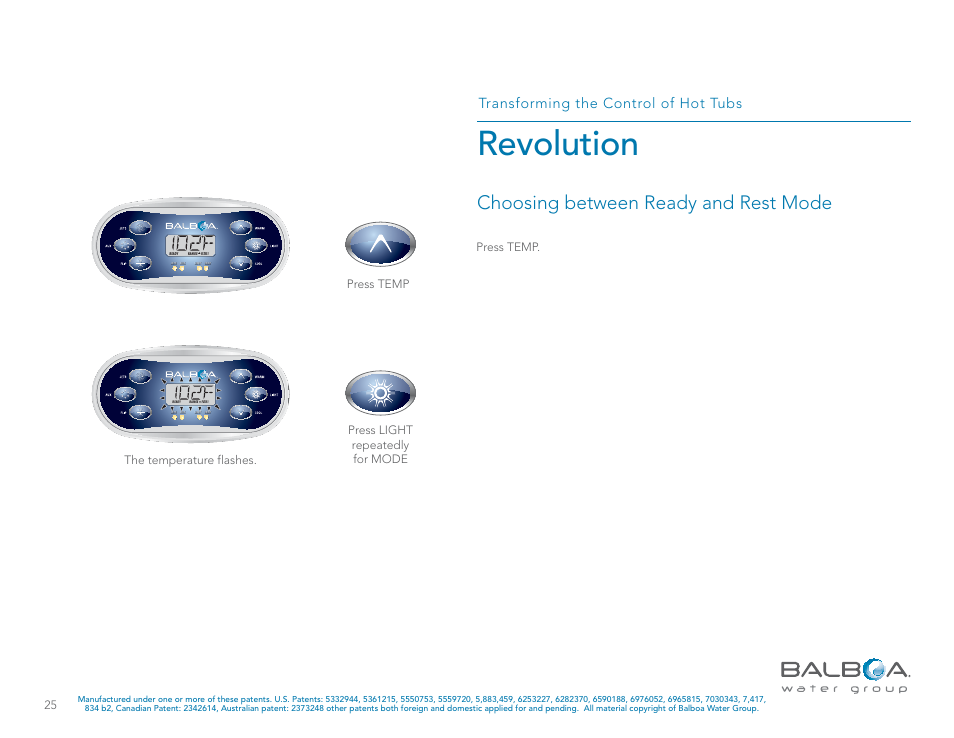 Revolution, Choosing between ready and rest mode, Transforming the control of hot tubs | The temperature flashes | Balboa Water Group Revolution User Manual | Page 25 / 74