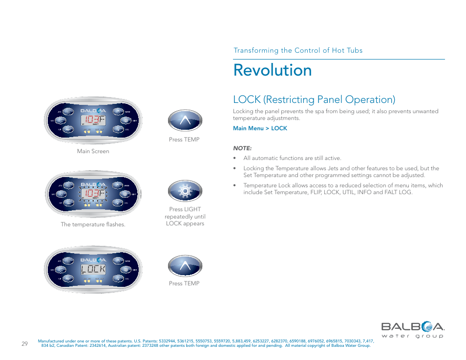 Revolution, Lock (restricting panel operation), Transforming the control of hot tubs | Press light repeatedly until lock appears, Main screen press temp press temp, The temperature flashes | Balboa Water Group Revolution User Manual | Page 29 / 74