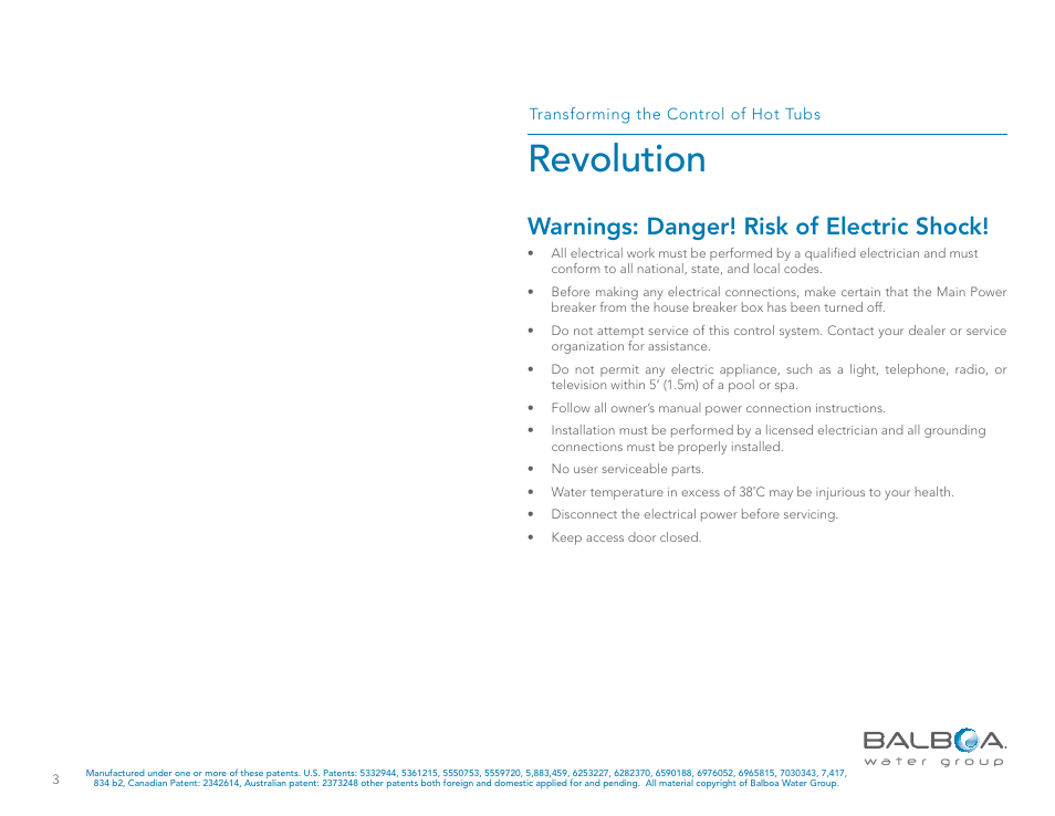 Revolution, Warnings: danger! risk of electric shock | Balboa Water Group Revolution User Manual | Page 3 / 74