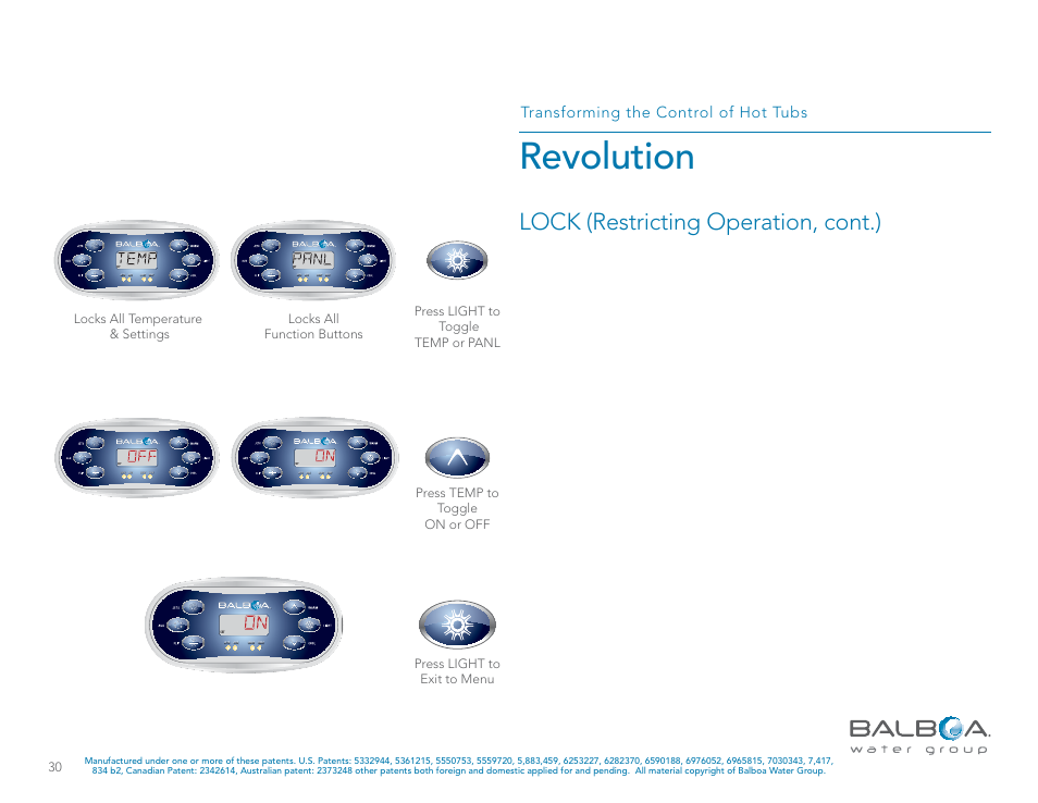 Revolution, Lock (restricting operation, cont.), Transforming the control of hot tubs | Balboa Water Group Revolution User Manual | Page 30 / 74