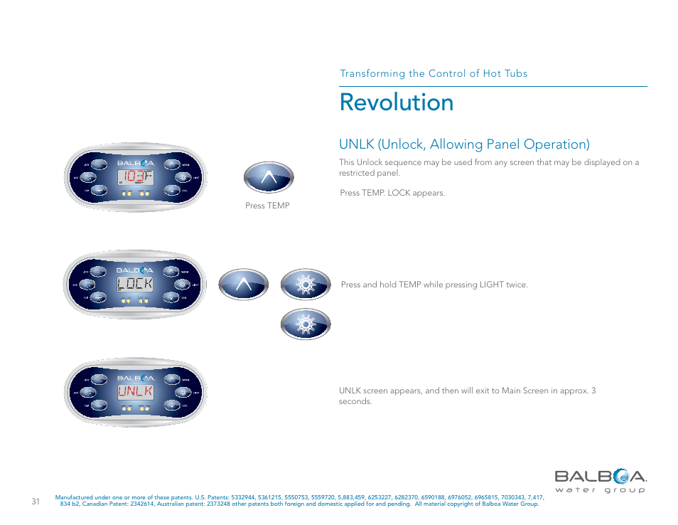 Revolution, Unlk (unlock, allowing panel operation), Transforming the control of hot tubs | Press temp | Balboa Water Group Revolution User Manual | Page 31 / 74