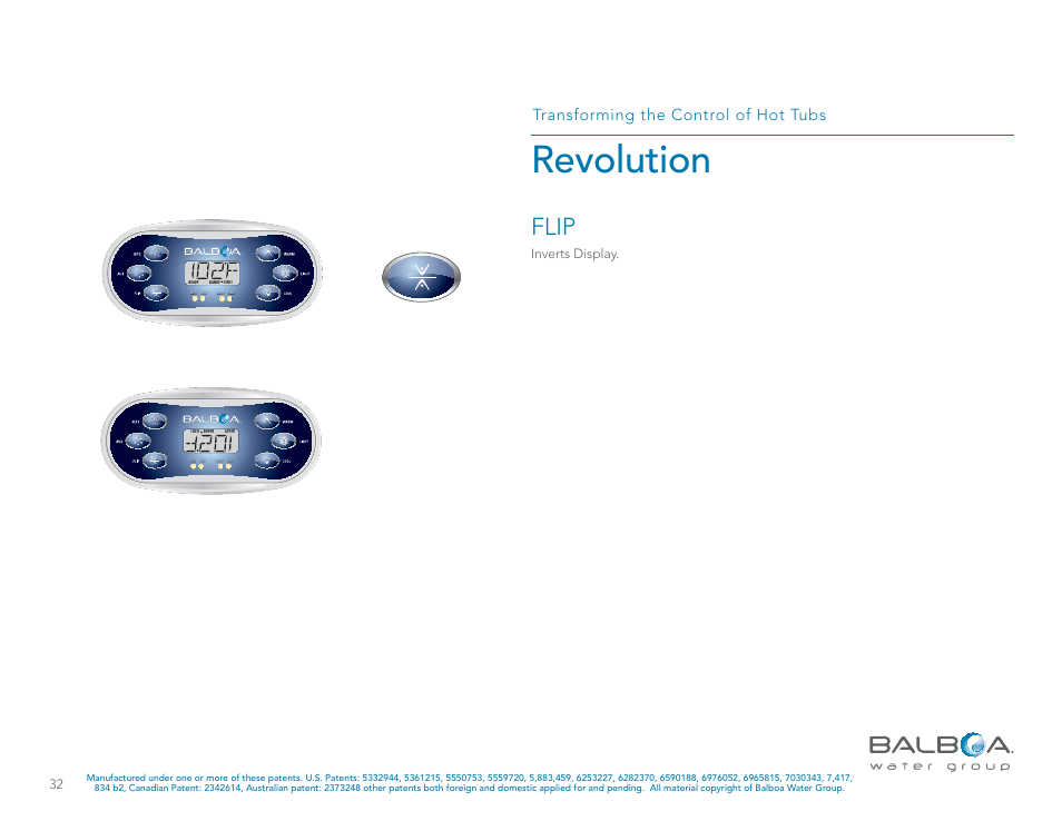 Revolution, Flip, Transforming the control of hot tubs | Inverts display | Balboa Water Group Revolution User Manual | Page 32 / 74