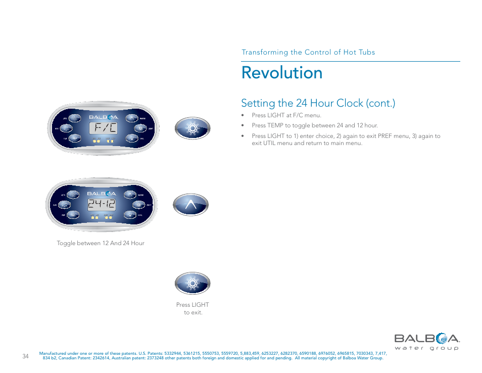 Revolution, Setting the 24 hour clock (cont.), Transforming the control of hot tubs | Toggle between 12 and 24 hour | Balboa Water Group Revolution User Manual | Page 34 / 74