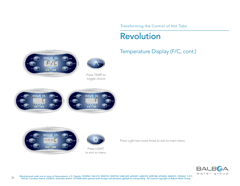 Revolution, Temperature display (f/c, cont.), Transforming the control of hot tubs | Press light two more times to exit to main menu | Balboa Water Group Revolution User Manual | Page 36 / 74