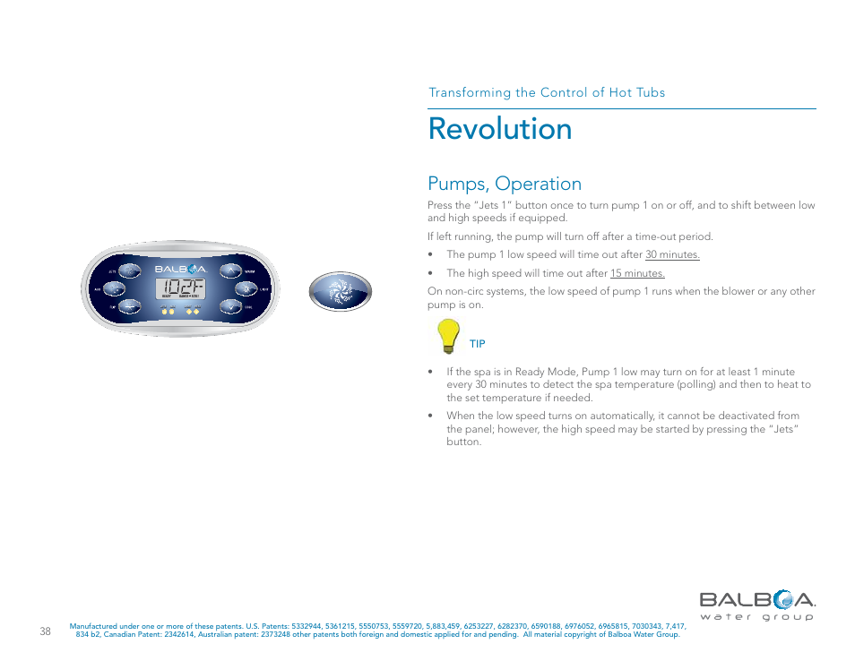 Revolution, Pumps, operation, Transforming the control of hot tubs | Balboa Water Group Revolution User Manual | Page 38 / 74